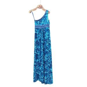 BCBGMAXazria One Shoulder Grecian Maxi Empire Waist Cyan Blue Wave Combo M